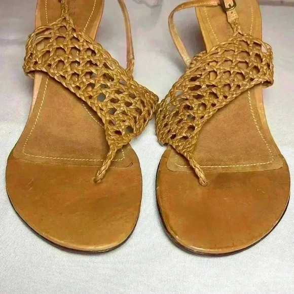 Lauren Ralph Lauren Nadia Brown Tan Leather Woven Sandal Strap Heel Womens Sz 9B - Picture 4 of 10